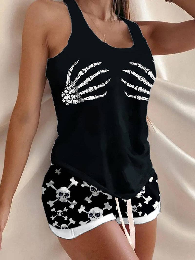 I-Shaped Printed Vest and Drawstring Waist Shorts Suit: Black / M